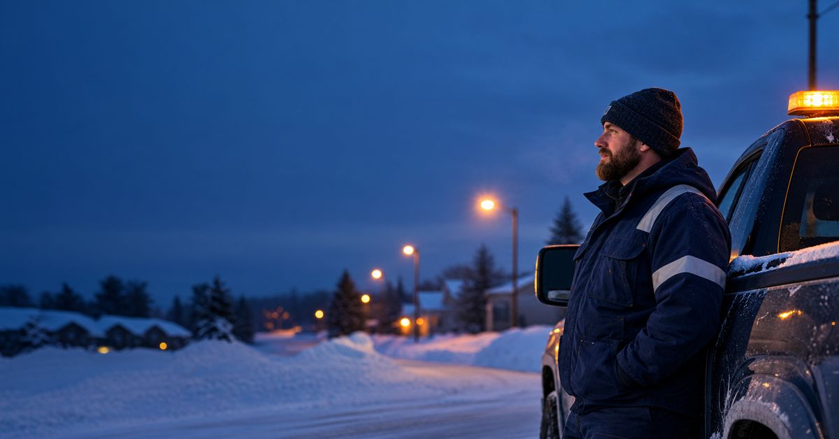 Un entrepreneur en déneigement, adossé à son pick-up, au petit matin d'hiver.