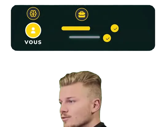 Extrait d'un de nos montages : un schéma animé dans une carte sombre, au-dessus du visage de la personne qui parle.