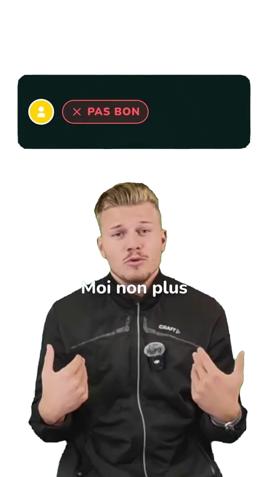 « Pas bon devant la caméra? », style studio : fond vert, une carte sombre au-dessus de la tête, sous-titres blancs.