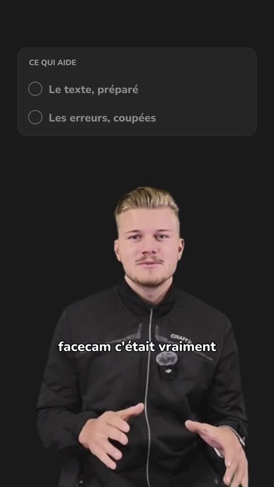 « Pas bon devant la caméra? », style sobre : fond gris foncé, une liste qui se coche au-dessus de la tête, sous-titres blancs.